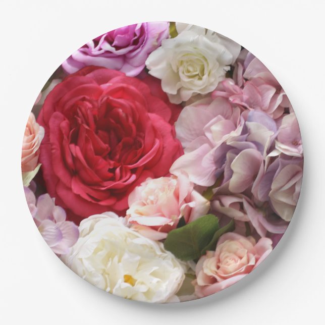 Assiettes En Carton Plaques de papier floral avec roses et hydrangées (Devant)