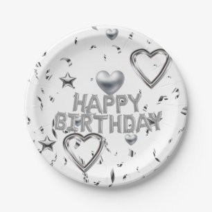 Assiettes En Carton Plaques de papier, joyeux coeur d'argent d'anniver