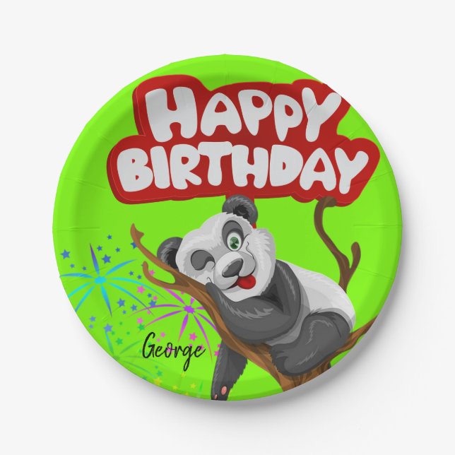 Assiettes En Carton Plaques de papier, Joyeux Ours Panda Anniversaire (Devant)