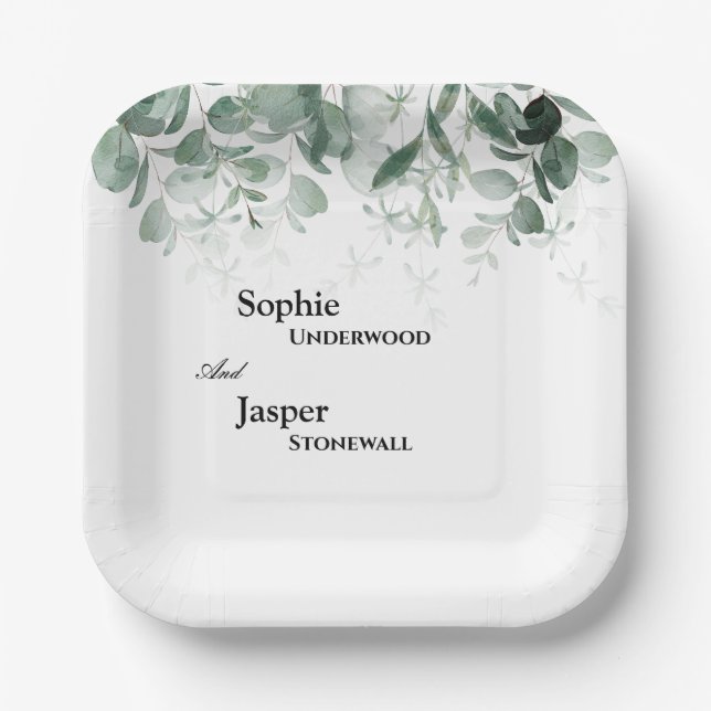 Assiettes En Carton Plaques de papier Mariage blanc vert moderne (Recto)