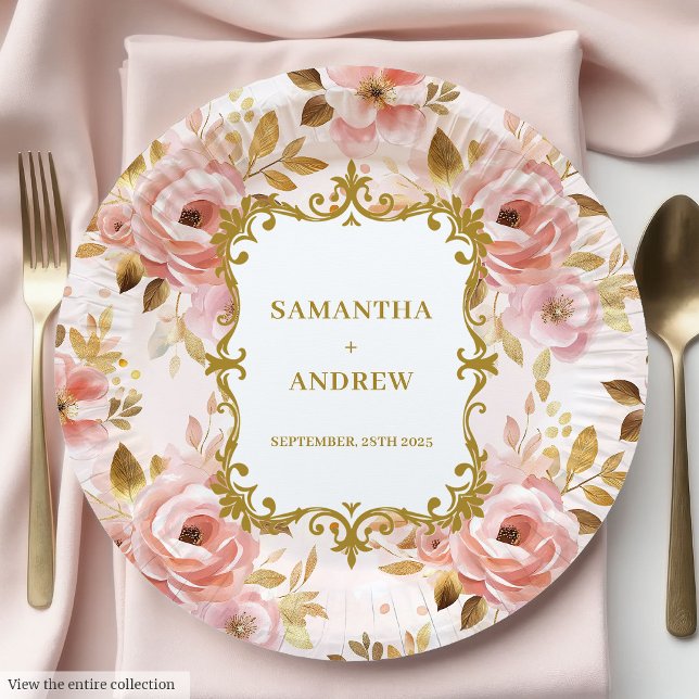 Assiettes En Carton Plaques de papier Mariage or Blush Chic (Chic Blush Gold Wedding Paper Plates)