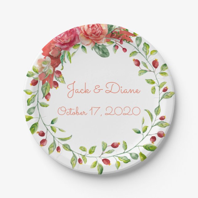 Assiettes En Carton Plaques de papier Mariage rose et rose (Devant)
