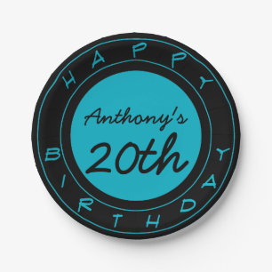 Assiettes En Carton Plaques de papier personnalisées Blue 20th Birthd