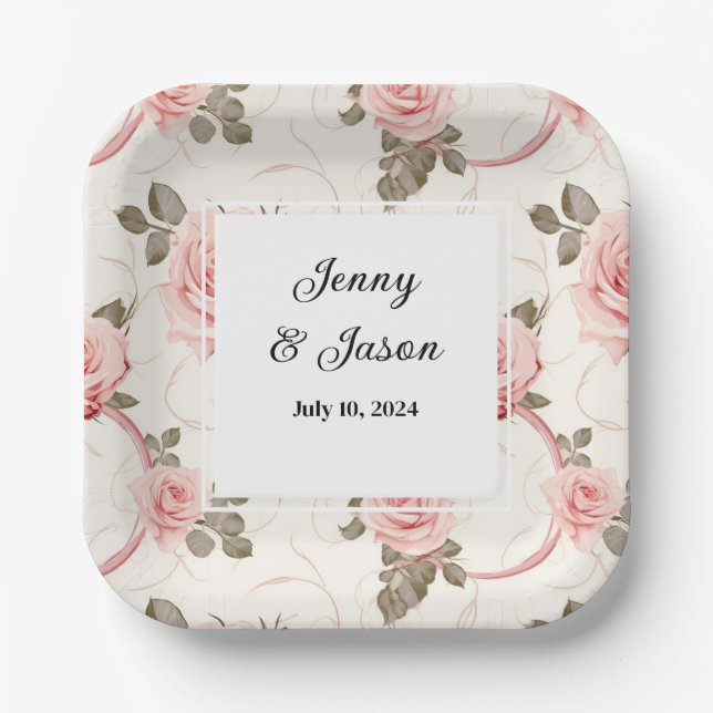 Assiettes En Carton Plaques de papier Roses Roses Roses Personnalisées (Recto)