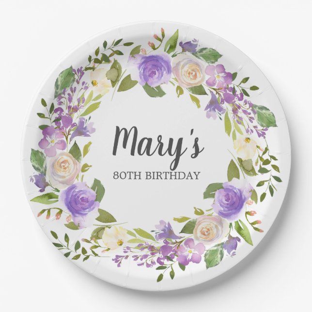 Assiettes En Carton Plaques de papier Rustique violet 80e anniversaire (Devant)