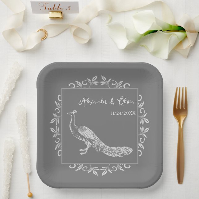 Assiettes En Carton Plaques de papier Wedding shower Gris Peacock (Mariage)