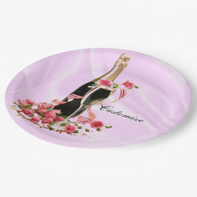 Assiettes En Carton Plaques de satin rose Rose et champagne (Angle)