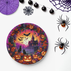 Assiettes En Carton Plaques d'Halloween éffrayant Citrouilles et Maiso