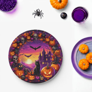 Assiettes En Carton Plaques d'Halloween éffrayant Citrouilles et Maiso
