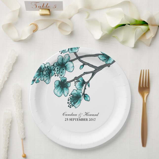 Assiettes En Carton Plaques en papier Aqua simple en fleurs de cerisie (Mariage)