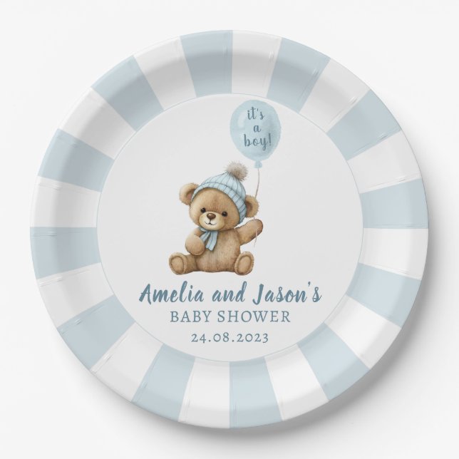 Assiettes En Carton Plaques en papier baby shower de ballons bleu (Devant)
