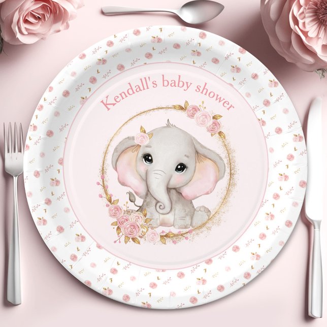 Assiettes En Carton Plaques en papier Baby shower Eléphant Rose (Cute Elephant Pink Roses Baby Shower Paper Plates)