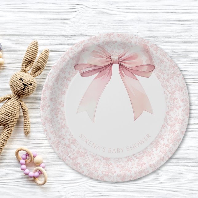 Assiettes En Carton Plaques en papier Baby shower pour fille en toile  (Pink Bow Toile Girl Baby Shower Paper Plates)