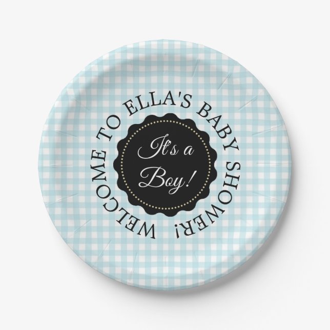 Assiettes En Carton Plaques en papier bleu Chevron Baby shower personn (Devant)