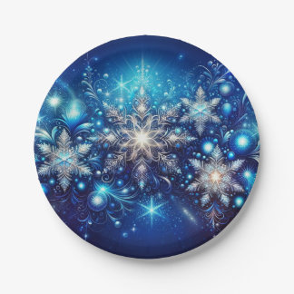 Assiettes En Carton Plaques en papier bleu flocon à neige - Élégant