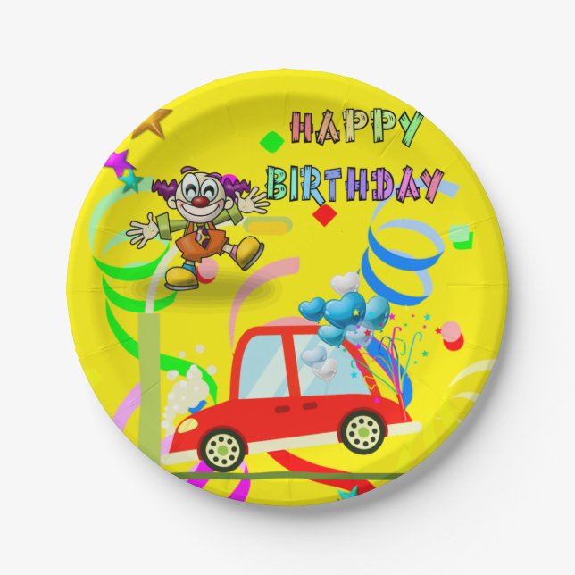 Assiettes En Carton Plaques en papier, Bonne voiture Clown d'anniversa (Devant)