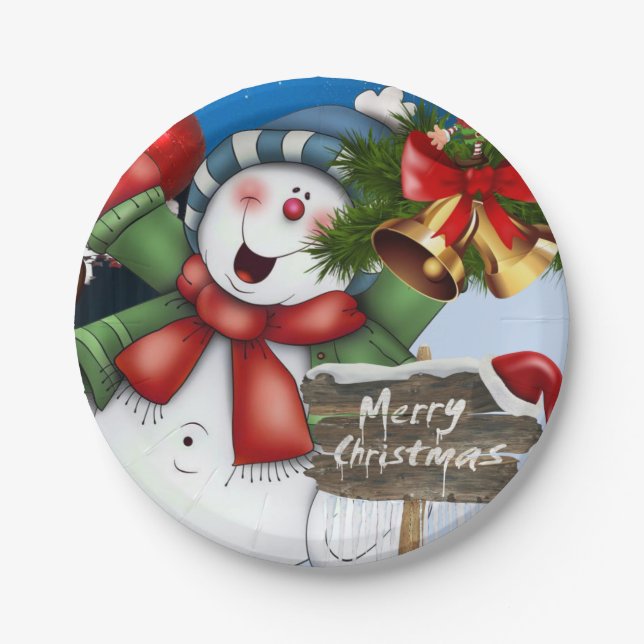 Assiettes En Carton Plaques en papier de Noël, Joyeux bonhomme de neig (Devant)