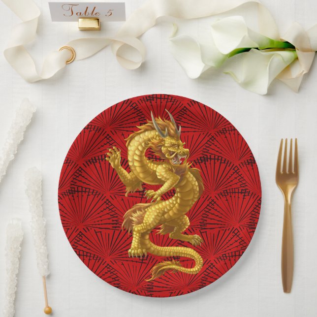 Assiettes En Carton Plaques en papier Dragon Gold Lucky Chinois (Mariage)
