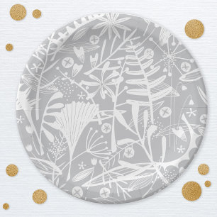 Assiettes En Carton Plaques en papier floral gris argenté