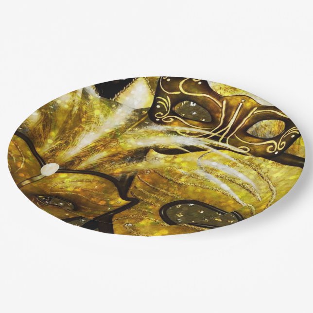 Assiettes En Carton Plaques en papier Golden Mardi Gras Masques (Angle)