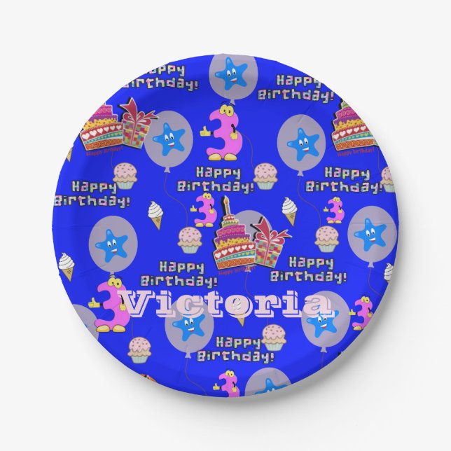 Assiettes En Carton Plaques en papier, Joyeux 3e anniversaire #3 ballo (Devant)