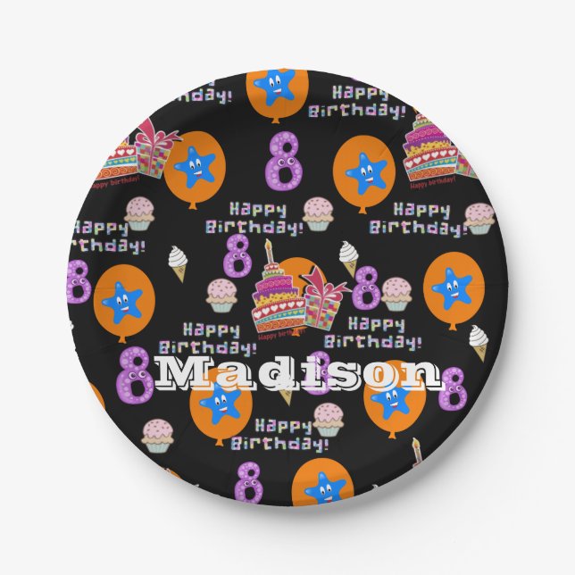 Assiettes En Carton Plaques en papier, Joyeux 8 Anniversaire #8 Ballon (Devant)