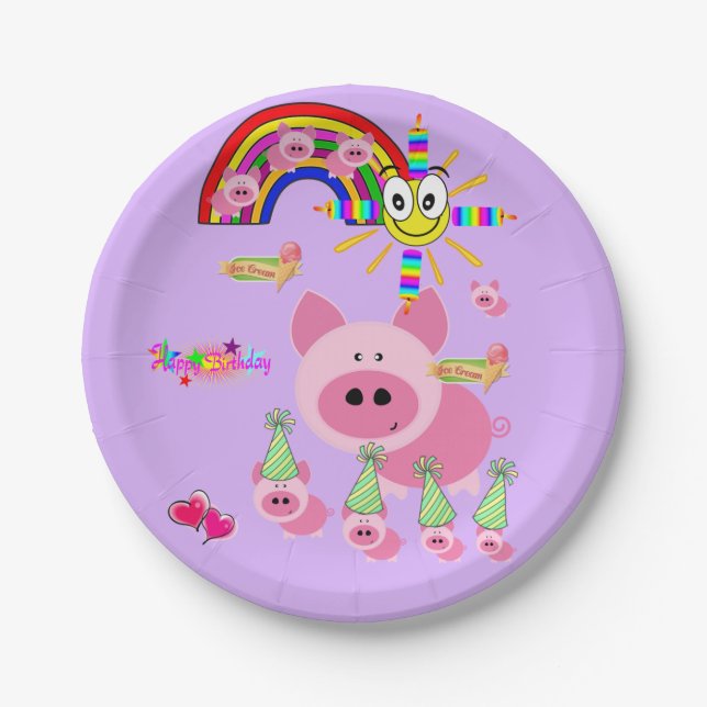 Assiettes En Carton Plaques en papier, Joyeux Anniversaire Cochon rose (Devant)