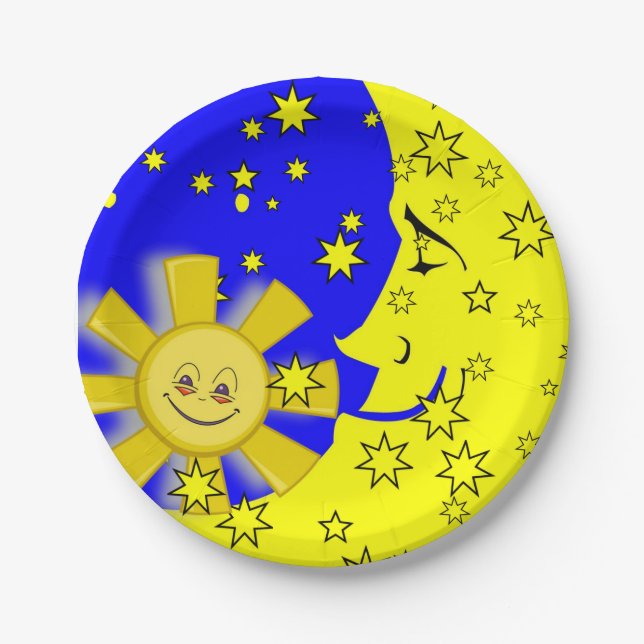 Assiettes En Carton Plaques en papier, Lune Solaire Étoiles Jaunes (Devant)
