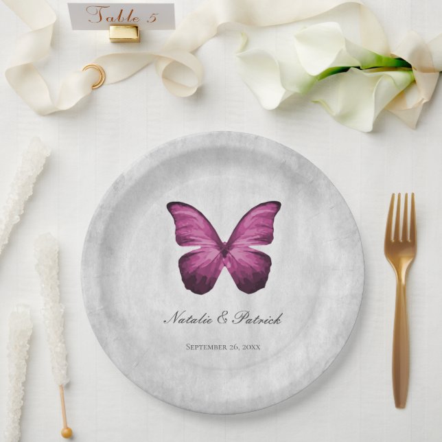 Assiettes En Carton Plaques en papier Mariage Magenta Butterfly (Mariage)