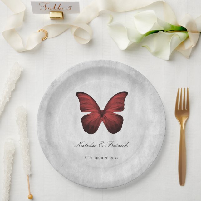 Assiettes En Carton Plaques en papier Mariage papillon rouge (Mariage)