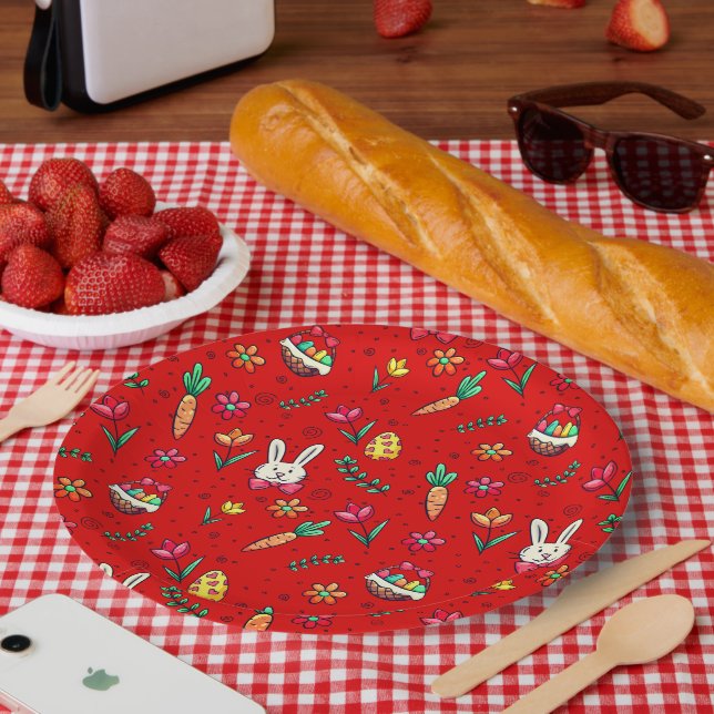 Assiettes En Carton Plaques en papier Motif rouge de Pâques (Pique-nique)