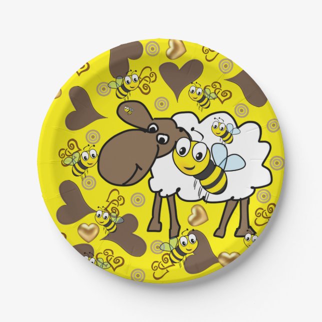 Assiettes En Carton Plaques en papier, mouton Bumblebee Coeurs Brown J (Devant)
