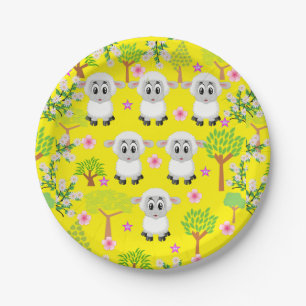 Assiettes En Carton Plaques en papier, Moutons Arbres Floral Jaune