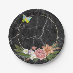 Assiettes En Carton Plaques en papier, Papillon en marbre noirFleurs f