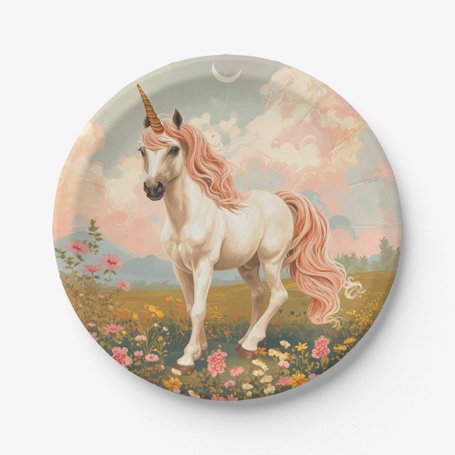 Assiettes En Carton Plaques en papier Pastel Unicorn de style vintage (Devant)