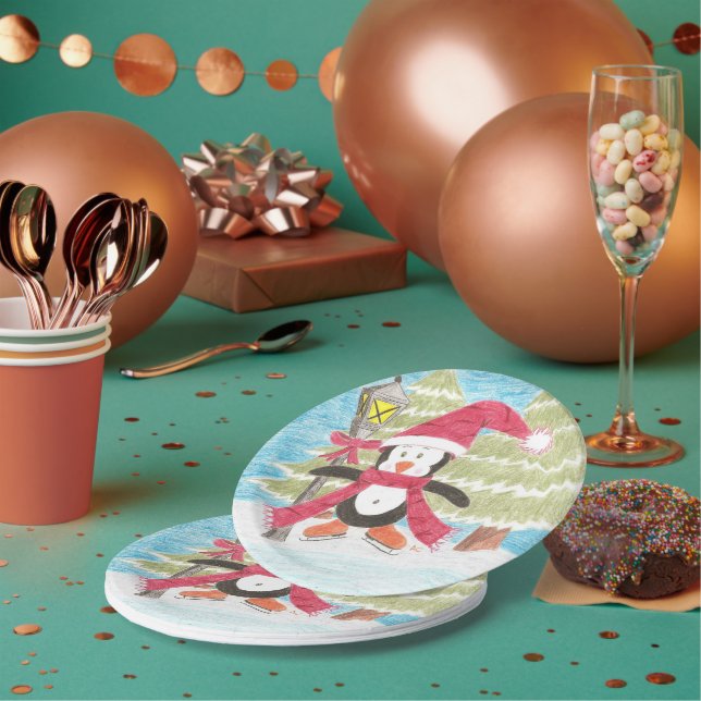 Assiettes En Carton Plaques en papier pingouin de patinage sur glace (Multi)