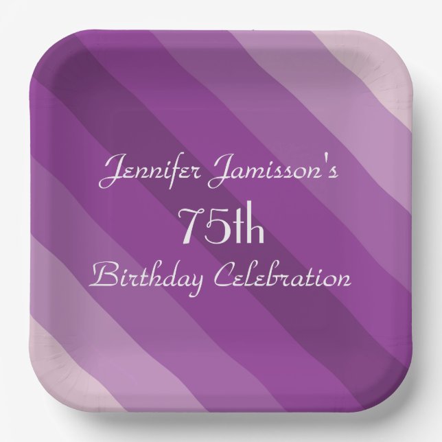 Assiettes En Carton Plaques en papier rayé violet, fête de 75e anniver (Recto)