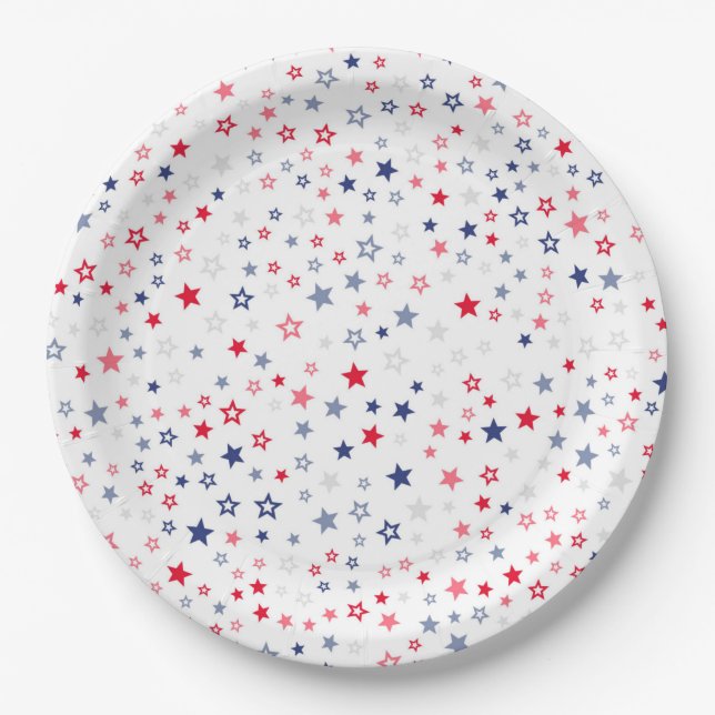 Assiettes En Carton Plaques en papier Red, White et Blue Stars (Devant)