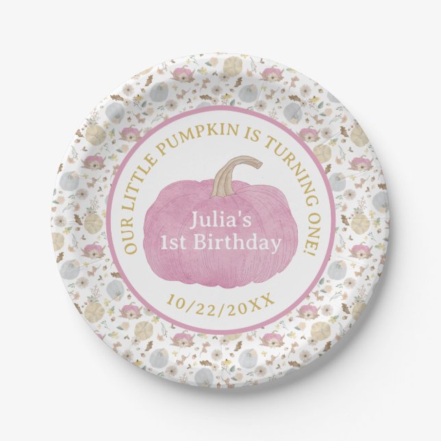 Assiettes En Carton Plaques en papier rose Citrouille 1er anniversaire (Devant)