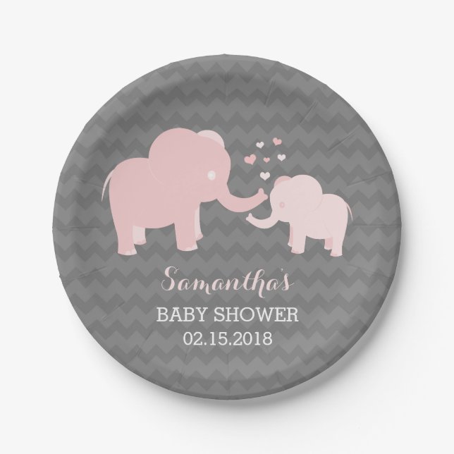 Assiettes En Carton Plaques en papier rose et gris Baby shower éléphan (Devant)