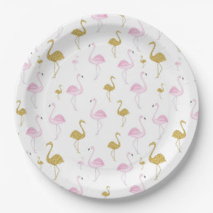 Assiettes En Carton Plaques en papier rose et or Flamant rose tropical