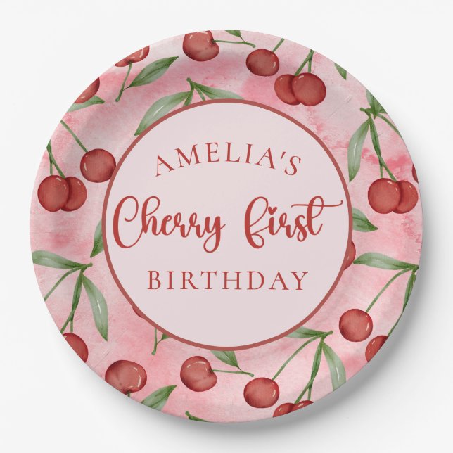 Assiettes En Carton Plaques en papier rouge Cerise d'anniversaire (Devant)