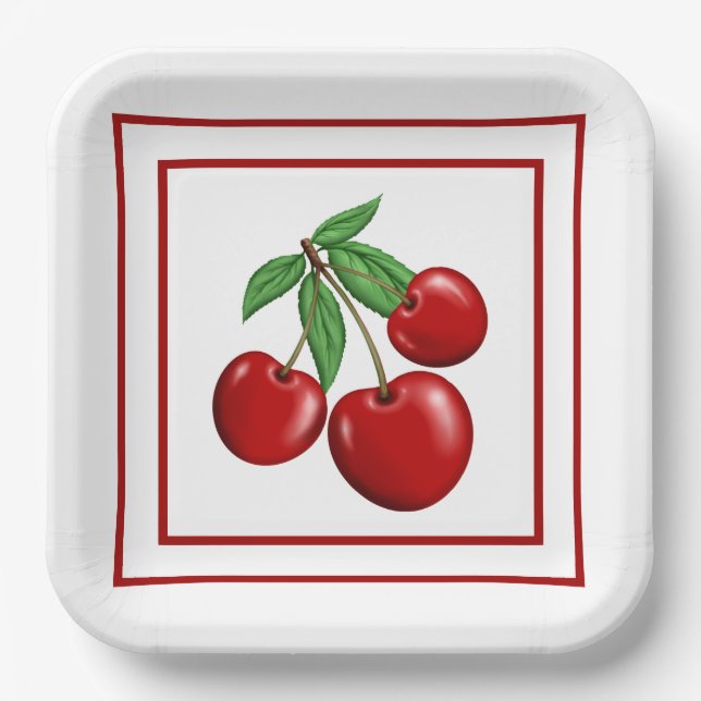 Assiettes En Carton Plaques en papier style rétro Cerises rouges (Recto)