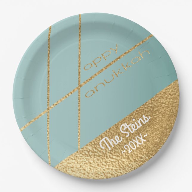 Assiettes En Carton Plaques en papier Turquoise et Or Hanoukka (Devant)