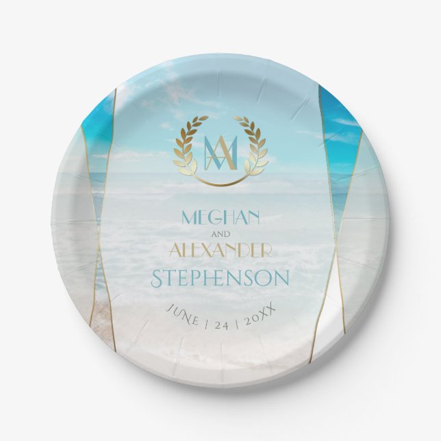 Assiettes En Carton Plaques mariages | Plage géométrique Monogramme mo (Devant)