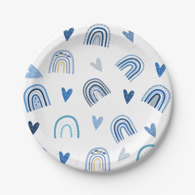 Assiettes En Carton Plaques papier à thème bleu Boho arc-en-ciel (Devant)