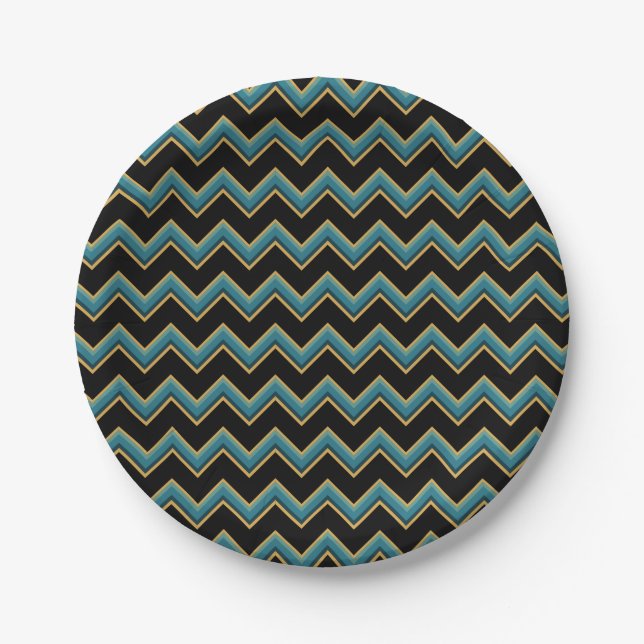 Assiettes En Carton Plaques papier Chevron turquoise et or (Devant)