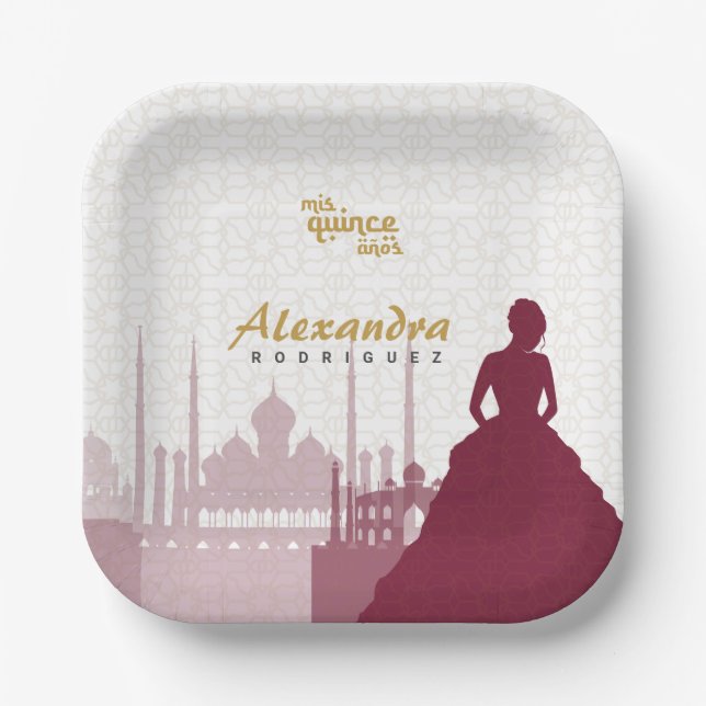 Assiettes En Carton Plaques papier de Quinceañera de Bourgogne et d'or (Recto)