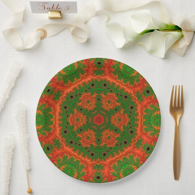 Assiettes En Carton Plaques papier Kaleidoscope orange et vert (Mariage)