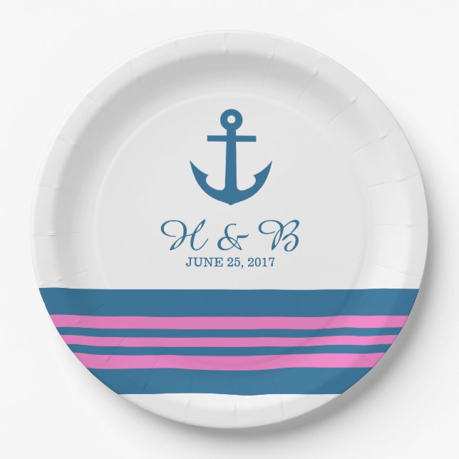 Assiettes En Carton Plaques papier Mariage bleu rose Ancre (Devant)
